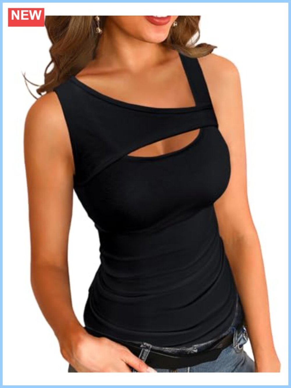 Women's Ribbed Cutout Square Neck Sleeveless Slim Tank Top Summer Cami